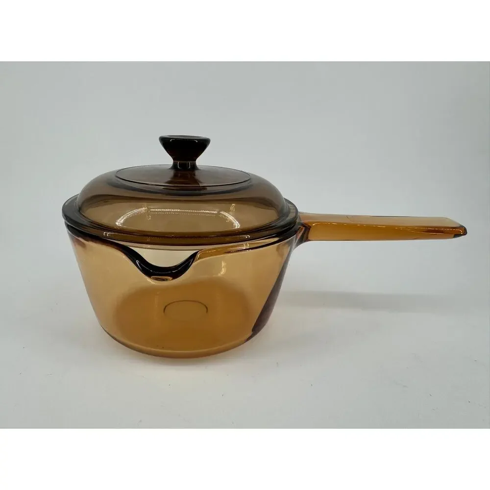 Corning Visions 1L Amber Glass Saucepan V-1-C Lid USA Vintage Pyroceram 1 Quart